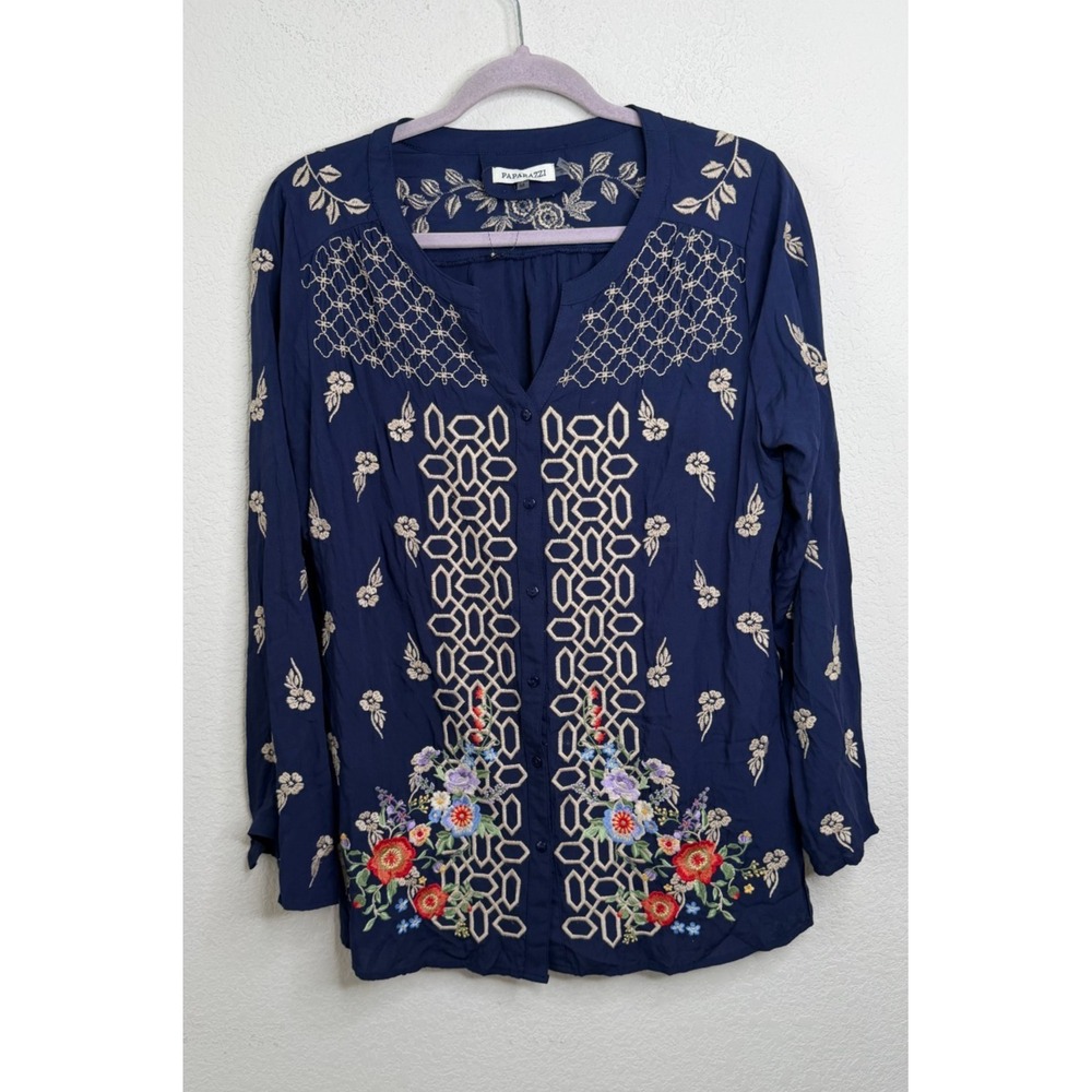 Paparazzi Embroidered Blouse Women's M Navy Blue Floral Boho Button Down Artsy